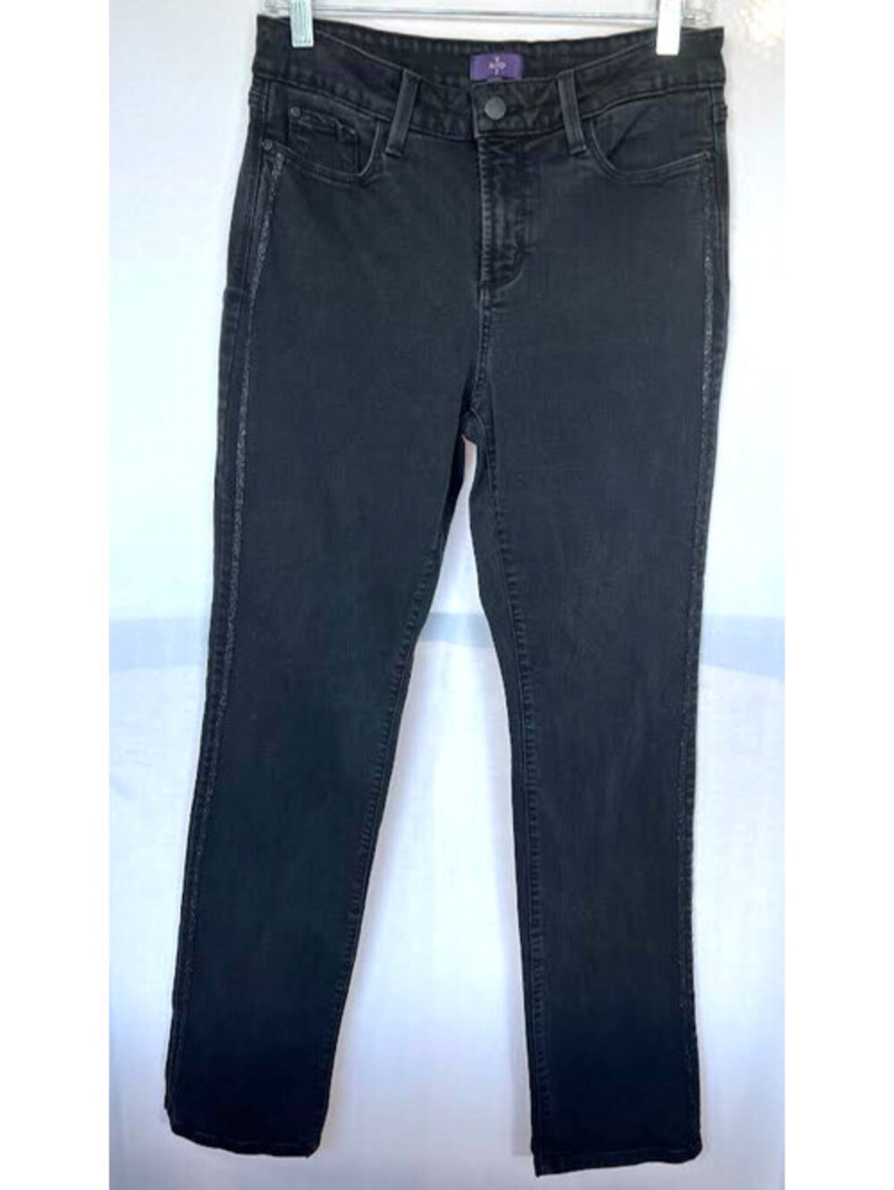 NYDJ Black Jeans-Size 10, Straight Leg With Shimmery Strip Down Each Leg